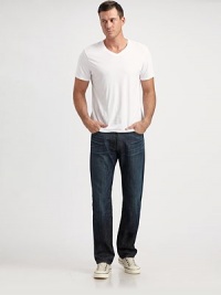 A relaxed, straight-leg fit in classic denim characterized by a rich, inky wash and clean finish. Five-pocket style Leather logo patch on back waist Inseam, about 36 Cotton Machine wash Made in USA A relaxed, straight-leg fit in classic denim characterized by a rich, inky wash and clean finish. Five-pocket style Leather logo patch on back waist Inseam, about 36 Cotton Machine wash Made in USA