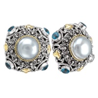 925 Silver, Mabe Pearl & Blue Topaz Earrings with 18k Gold Accents 925 Silver, Mabe Pearl & Blue Topaz Earrings with 18k Gold Accents