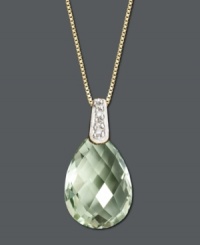 Add a burst of color in springtime hues. A pale green quartz teardrop (4-3/4 ct. t.w.) with sparkling diamond accents at the bail sits in a rich 14k gold setting. Approximate length: 18 inches. Approximate drop: 3/4 inch. Add a burst of color in springtime hues. A pale green quartz teardrop (4-3/4 ct. t.w.) with sparkling diamond accents at the bail sits in a rich 14k gold setting. Approximate length: 18 inches. Approximate drop: 3/4 inch.