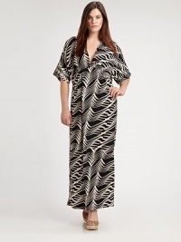 Behold, everything you want in a maxi dress. This design features an awe-inspiring print, a head-turning neckline and a classic Empire waist for definition. V-necklineElbow-length sleevesEmpire waistAllover printPull-on styleAbout 42 from natural waist48% rayon/42% polyester/10% spandexDry cleanMade in USA of imported fabric Behold, everything you want in a maxi dress. This design features an awe-inspiring print, a head-turning neckline and a classic Empire waist for definition. V-necklineElbow-length sleevesEmpire waistAllover printPull-on styleAbout 42 from natural waist48% rayon/42% polyester/10% spandexDry cleanMade in USA of imported fabric