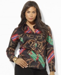 Designed in crisp cotton poplin, Lauren Ralph Lauren's chic plus size shirt is finished with a equestrian-inspired pattern for a feminine take on classic haberdashery-inspired style Designed in crisp cotton poplin, Lauren Ralph Lauren's chic plus size shirt is finished with a equestrian-inspired pattern for a feminine take on classic haberdashery-inspired style