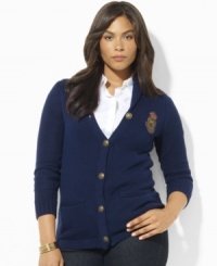 Heritage style comes to life in Lauren Ralph Lauren's chic shawl-collar plus size cardigan, crafted from soft cotton and finished with an embroidered crest. Heritage style comes to life in Lauren Ralph Lauren's chic shawl-collar plus size cardigan, crafted from soft cotton and finished with an embroidered crest.