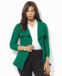 Knit of soft cotton yarns, Lauren Ralph Lauren's chic plus size cardigan is crafted with a wide draped neckline for dramatic styling. Knit of soft cotton yarns, Lauren Ralph Lauren's chic plus size cardigan is crafted with a wide draped neckline for dramatic styling.