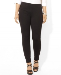 Lauren Ralph Lauren's flattering slim plus size pant is crafted in soft stretch ponte in an easy pull-on silhouette for chic, go-anywhere style Lauren Ralph Lauren's flattering slim plus size pant is crafted in soft stretch ponte in an easy pull-on silhouette for chic, go-anywhere style