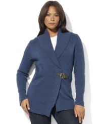 Infused with chic heritage style, Lauren Ralph Lauren's essential plus size cardigan is elegantly knit in a soft cotton blend with an equestrian-inspired buckle and a classic shawl collar. Infused with chic heritage style, Lauren Ralph Lauren's essential plus size cardigan is elegantly knit in a soft cotton blend with an equestrian-inspired buckle and a classic shawl collar.