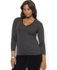Lauren Ralph Lauren's sweet and simple metallic-stripe shirt in cotton jersey embodies feminine charm with a V-neckline and LRL-engraved buttons at the shoulder. Lauren Ralph Lauren's sweet and simple metallic-stripe shirt in cotton jersey embodies feminine charm with a V-neckline and LRL-engraved buttons at the shoulder.