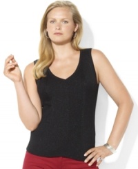 Whether worn alone or layered with a favorite topper, Lauren Ralph Lauren's plus size shimmering knit V-neck adds tasteful twinkle to any ensemble. Whether worn alone or layered with a favorite topper, Lauren Ralph Lauren's plus size shimmering knit V-neck adds tasteful twinkle to any ensemble.