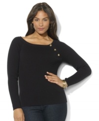 Polished signature buttons accent the sleeve of Lauren Ralph Lauren's sleek plus size boatneck sweater crafted from luxurious ribbed cotton. Polished signature buttons accent the sleeve of Lauren Ralph Lauren's sleek plus size boatneck sweater crafted from luxurious ribbed cotton.
