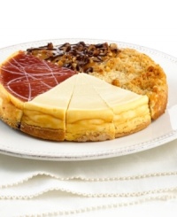 Eli's Chicago cheesecake bakery now brings the perfect cheesecake sampler for those who can't pick just one! Sampler features Eli's Original cheesecake, Pecan-topped caramel Turtle, sweet White Chocolate Raspberry and scrumptious Apple Streusel. Eli's Chicago cheesecake bakery now brings the perfect cheesecake sampler for those who can't pick just one! Sampler features Eli's Original cheesecake, Pecan-topped caramel Turtle, sweet White Chocolate Raspberry and scrumptious Apple Streusel.