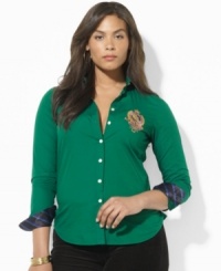 Lauren Ralph Lauren's soft cotton broadcloth shirt is accented with rich heritage details, finished with tie-striped silk at the collar and an embroidered crest at the chest. Lauren Ralph Lauren's soft cotton broadcloth shirt is accented with rich heritage details, finished with tie-striped silk at the collar and an embroidered crest at the chest.