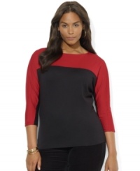 A modern color-blocked design enlivens Lauren Ralph Lauren's plus size dolman-sleeved top, knit in soft cotton for comfortable yet chic style. A modern color-blocked design enlivens Lauren Ralph Lauren's plus size dolman-sleeved top, knit in soft cotton for comfortable yet chic style.