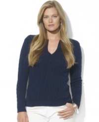 Lauren Ralph Lauren's essential plus size sweater is crafted from soft cable-knit cotton with a split crew neckline for a flattering finish. Lauren Ralph Lauren's essential plus size sweater is crafted from soft cable-knit cotton with a split crew neckline for a flattering finish.