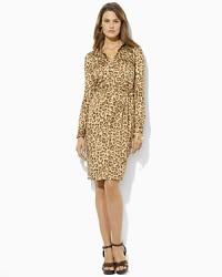 The classic work shirt is reimagined in a chic cotton sateen dress, crafted with a bold print and belted waist for an alluring silhouette. The classic work shirt is reimagined in a chic cotton sateen dress, crafted with a bold print and belted waist for an alluring silhouette.