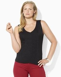 Whether worn alone or layered with a favorite topper, this shimmering knit V-neck adds tasteful twinkle to any ensemble.