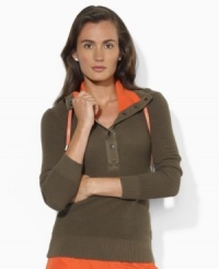 Lauren Ralph Lauren's whisper-soft pullover stitched in a thermal pattern provides relief from the cold with a snap mockneck collar. Lauren Ralph Lauren's whisper-soft pullover stitched in a thermal pattern provides relief from the cold with a snap mockneck collar.