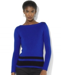Lauren Ralph Lauren's soft rib-knit cotton sweater is designed with bold color-blocking and buttons at the shoulder to create a sleek, modern look. Lauren Ralph Lauren's soft rib-knit cotton sweater is designed with bold color-blocking and buttons at the shoulder to create a sleek, modern look.