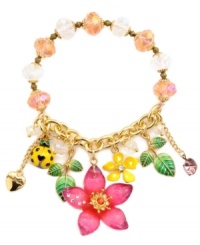 Declare your love for nature in a not-so-subtle way. Betsey Johnson's funky bracelet features a fresh mix of pink and yellow flowers combined with ladybug, crystal and heart charms. Crafted in gold-plated mixed metal with pink and clear faceted beads. Bracelet stretches to fit wrist. Approximate diameter: 2-1/4 inches. Declare your love for nature in a not-so-subtle way. Betsey Johnson's funky bracelet features a fresh mix of pink and yellow flowers combined with ladybug, crystal and heart charms. Crafted in gold-plated mixed metal with pink and clear faceted beads. Bracelet stretches to fit wrist. Approximate diameter: 2-1/4 inches.