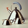 9093 Signature 67oz Whistle Tea Kettle with Bird Whistle by Michael Graves,1985 Color: Polished Steel with Blue Handle and Red Whistle