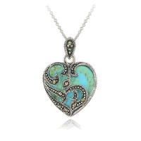 Sterling Silver Marcasite & Turquoise Heart Necklace, 18 Sterling Silver Marcasite & Turquoise Heart Necklace, 18