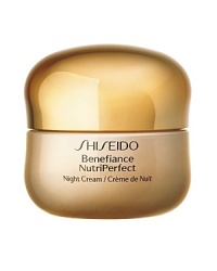 Shiseido Benefiance NutriPerfect Night Cream. This high-performance nighttime recovery cream is created especially for mature skin experiencing wrinkles, discoloration, and loss of resilience associated with hormonal changes due to aging. It helps restore skin density and firmness for younger-looking facial contours and intensively renews skin's vitality while you sleep. The relaxing fragrance leads to a pleasant and comforting sleep. Shiseido Benefiance NutriPerfect Night Cream. This high-performance nighttime recovery cream is created especially for mature skin experiencing wrinkles, discoloration, and loss of resilience associated with hormonal changes due to aging. It helps restore skin density and firmness for younger-looking facial contours and intensively renews skin's vitality while you sleep. The relaxing fragrance leads to a pleasant and comforting sleep.
