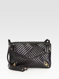 This supple leather style features a graphic topstitched pattern and goldtone hardware.Shoulder strap, 19 dropSnap button flap closureOne outside open pocketOne inside zip pocketTwo inside open pocketsCotton lining11½W X 7H X 2DImported This supple leather style features a graphic topstitched pattern and goldtone hardware.Shoulder strap, 19 dropSnap button flap closureOne outside open pocketOne inside zip pocketTwo inside open pocketsCotton lining11½W X 7H X 2DImported