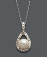 Illuminate your neckline with this sweet style by Belle de Mer. A cultured freshwater pearl (8-9 mm) is cradled inside an open-cut teardrop accented by sparkling diamonds. Setting and chain crafted in 14k white gold. Approximate length: 18 inches. Approximate drop: 7/8 inch. Illuminate your neckline with this sweet style by Belle de Mer. A cultured freshwater pearl (8-9 mm) is cradled inside an open-cut teardrop accented by sparkling diamonds. Setting and chain crafted in 14k white gold. Approximate length: 18 inches. Approximate drop: 7/8 inch.