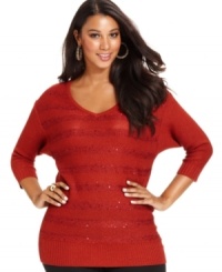 Shimmer this season with AGB's three-quarter-sleeve plus size sweater, featuring sequined stripes! Shimmer this season with AGB's three-quarter-sleeve plus size sweater, featuring sequined stripes!