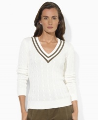 Sporty stripes at the neckline give Lauren Ralph Lauren's sleek cotton knit sweater a hint of athletic edge for a woman on the go. Sporty stripes at the neckline give Lauren Ralph Lauren's sleek cotton knit sweater a hint of athletic edge for a woman on the go.