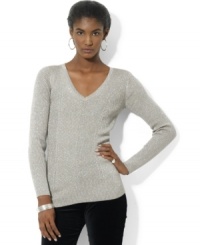 Lauren Ralph Lauren's sleek ribbed V-neck sweater catches the light with interwoven metallic Lurex® yarn that adds sophisticated sparkle to your look.