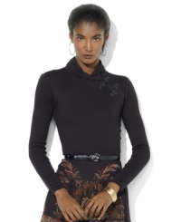 Lauren Ralph Lauren's soft cotton top is crafted with a heritage shawl collar and luxurious knotted buttons at the left shoulder. Lauren Ralph Lauren's soft cotton top is crafted with a heritage shawl collar and luxurious knotted buttons at the left shoulder.