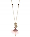 Betsey Johnson takes you for a twirl with this pendant necklace. Crafted from gold-tone mixed metal, the chain ends in a ballerina pendant featuring gold-tone and beaded details. Approximate length: 31 inches + 3-inch extender. Approximate drop: 4-1/4 inches.