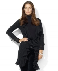 A chic open-knit pointelle cardigan is accented with delicate ruffles for feminine appeal from Lauren Ralph Lauren. A chic open-knit pointelle cardigan is accented with delicate ruffles for feminine appeal from Lauren Ralph Lauren.