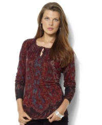 Lauren Ralph Lauren's bohemian-inspired peasant blouse is crafted from sleek jersey and finished with a rich paisley print for a romantic look. Lauren Ralph Lauren's bohemian-inspired peasant blouse is crafted from sleek jersey and finished with a rich paisley print for a romantic look.