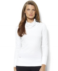 Lauren Ralph Lauren's soft, lightweight French terry pullover features a comfortable funnelneck collar with sporty stripes to complete your active look. Lauren Ralph Lauren's soft, lightweight French terry pullover features a comfortable funnelneck collar with sporty stripes to complete your active look.