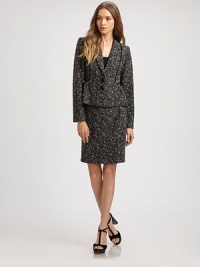 Distinctive and tailored in signature tweed, nipped and gathered at the waist for a shapely, feminine fit.Foldover lapelsTop-fit bodiceDouble button closurePleats at waistContrast pipingAbout 21 from shoulder to hem56% acrylic/40% wool/4% nylonDry cleanMade in USA of Italian fabricModel shown is 5'9½ (176cm) wearing US size 4. Distinctive and tailored in signature tweed, nipped and gathered at the waist for a shapely, feminine fit.Foldover lapelsTop-fit bodiceDouble button closurePleats at waistContrast pipingAbout 21 from shoulder to hem56% acrylic/40% wool/4% nylonDry cleanMade in USA of Italian fabricModel shown is 5'9½ (176cm) wearing US size 4.