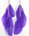 One New Pair of Vivid Purple Three Feather Earrings with Rinestones