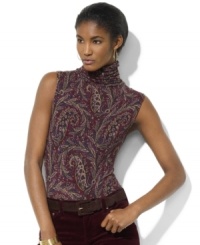 in a ultra-soft paisley matte jersey, this glamorous take on Lauren Ralph Lauren's classic sleeveless turtleneck is perfect for day-to-night dressing. in a ultra-soft paisley matte jersey, this glamorous take on Lauren Ralph Lauren's classic sleeveless turtleneck is perfect for day-to-night dressing.