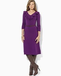 A stylish, wear-anywhere staple is crafted from a luxe stretch Pima cotton blend and accented with pretty ruffles and a sleek belt for a fabulous finish. A stylish, wear-anywhere staple is crafted from a luxe stretch Pima cotton blend and accented with pretty ruffles and a sleek belt for a fabulous finish.