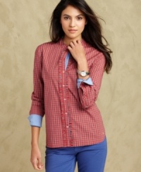 Tommy Hilfiger's plaid and ruffled shirt is a crisp addition to your casual wardrobe. Tommy Hilfiger's plaid and ruffled shirt is a crisp addition to your casual wardrobe.