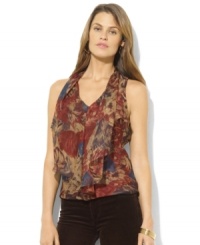 A muted floral pattern and flowing georgette construction combine to create Lauren Ralph Lauren's feminine blouse with fluttering ruffles at the front. (Clearance) A muted floral pattern and flowing georgette construction combine to create Lauren Ralph Lauren's feminine blouse with fluttering ruffles at the front. (Clearance)
