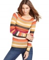With sunset stripes, this BCBGMAXAZRIA top warms up denim for a bright transitional look!