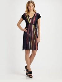Wavy stripes lend a fascinating look to this colorful design with a waist-accentuating belt.V-necklineCap sleevesBelted designSolid trimFully linedAbout 37 from shoulder to hem67% cotton/22% linen/11% viscoseDry cleanImported Model shown is 5'10½ (179cm) wearing US size 4. Wavy stripes lend a fascinating look to this colorful design with a waist-accentuating belt.V-necklineCap sleevesBelted designSolid trimFully linedAbout 37 from shoulder to hem67% cotton/22% linen/11% viscoseDry cleanImported Model shown is 5'10½ (179cm) wearing US size 4.