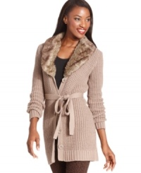 Style&co.'s cozy waffle-knit sweater gets a stylish boost from a faux fur collar. Style&co.'s cozy waffle-knit sweater gets a stylish boost from a faux fur collar.