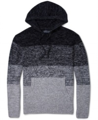 In the cold weather, rock this fade to light horizontal chunk stripe hooded sweater by Retrofit. In the cold weather, rock this fade to light horizontal chunk stripe hooded sweater by Retrofit.