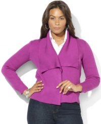 Lauren Ralph Lauren's classic layering essential is rendered in a soft ribbed cotton-rayon construction with an oversized collar and draped, open front. Lauren Ralph Lauren's classic layering essential is rendered in a soft ribbed cotton-rayon construction with an oversized collar and draped, open front.