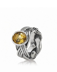 A braided band in sterling silver grounds a faceted, bezel-set bear quartz stone. Ring by PANDORA. A braided band in sterling silver grounds a faceted, bezel-set bear quartz stone. Ring by PANDORA.