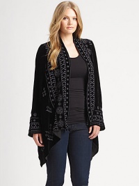 Exquisitely embroidered velvet and a relaxed-yet-feminine silhouette give this design must-wear appeal.Open-front designLong sleevesHandkerchief hemAbout 29 from shoulder to hemRayon/silkHand washImported Exquisitely embroidered velvet and a relaxed-yet-feminine silhouette give this design must-wear appeal.Open-front designLong sleevesHandkerchief hemAbout 29 from shoulder to hemRayon/silkHand washImported