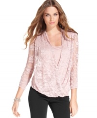 NY Collection's draped lace top infuses your outfit with a vintage, feminine aesthetic. NY Collection's draped lace top infuses your outfit with a vintage, feminine aesthetic.