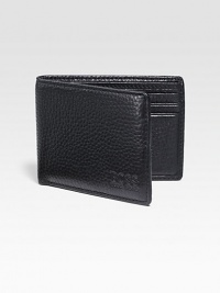 A classic look in lightly pebbled leather with a transparent ID window. Debossed logo detailBill compartmentFour card slotsID window4¼ X 3Imported A classic look in lightly pebbled leather with a transparent ID window. Debossed logo detailBill compartmentFour card slotsID window4¼ X 3Imported