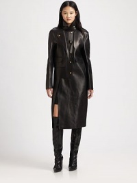Classic trench gets a contemporary attitude with a full-length leather silhouette, high slit and modern details. Collar with buttoned strapFront snap closuresRain flapsLong sleeves with buttoned cuffsFront flap pocketsFront slitFully linedAbout 44 from shoulder to hemDry clean with leather specialistImported of Italian fabricModel shown is 5'10 (177cm) wearing US size 4. Classic trench gets a contemporary attitude with a full-length leather silhouette, high slit and modern details. Collar with buttoned strapFront snap closuresRain flapsLong sleeves with buttoned cuffsFront flap pocketsFront slitFully linedAbout 44 from shoulder to hemDry clean with leather specialistImported of Italian fabricModel shown is 5'10 (177cm) wearing US size 4.